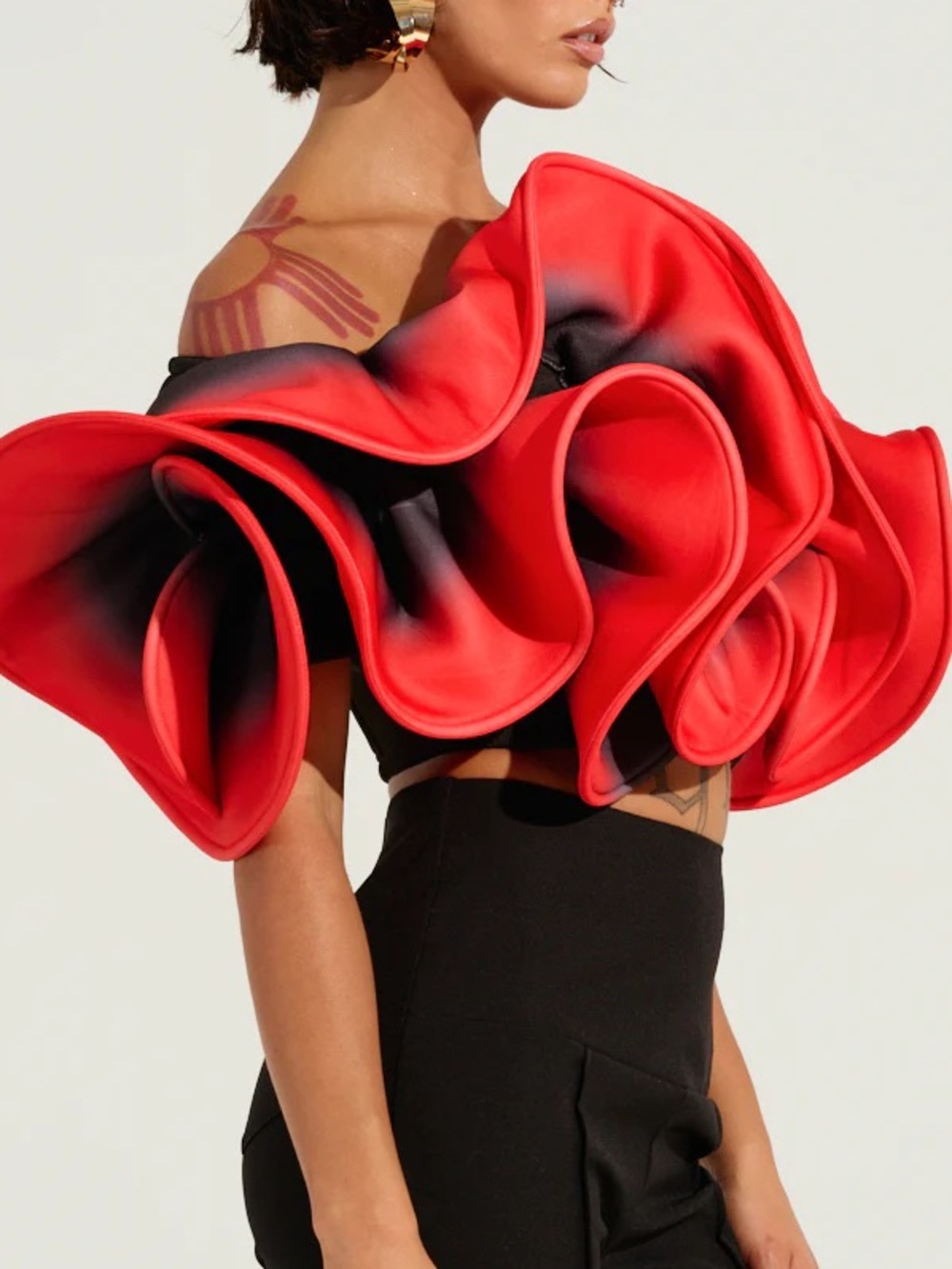 Statement Red Ruffle One-Shoulder Crop Top - Picture 5 of 8